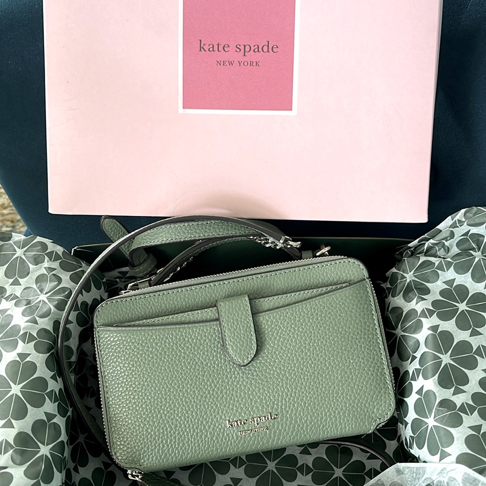 Kate Spade Hudson Double Zip Crossbody in Romaine with box, tag, and tissue wrap